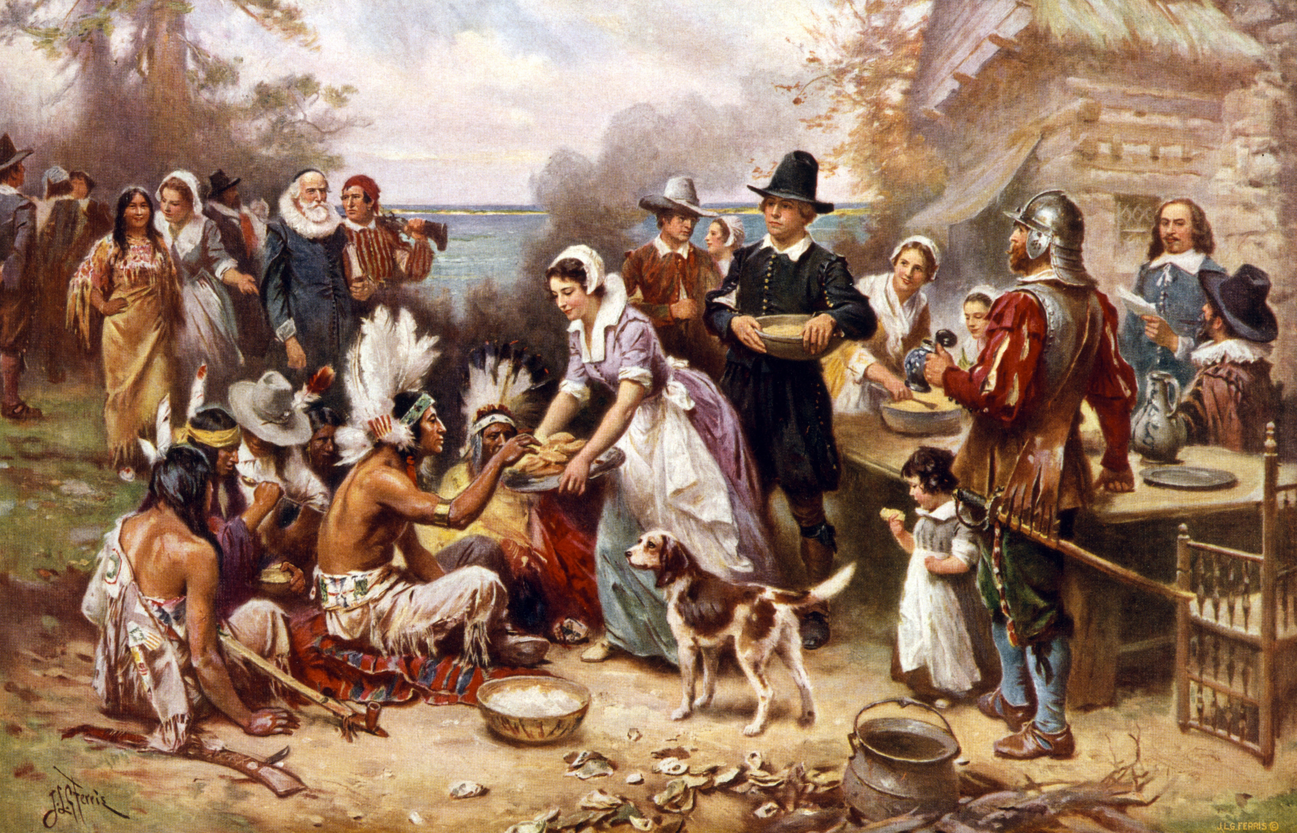 The First Thanksgiving 1621 Pilgrims And Natives Gather To Share Meal 